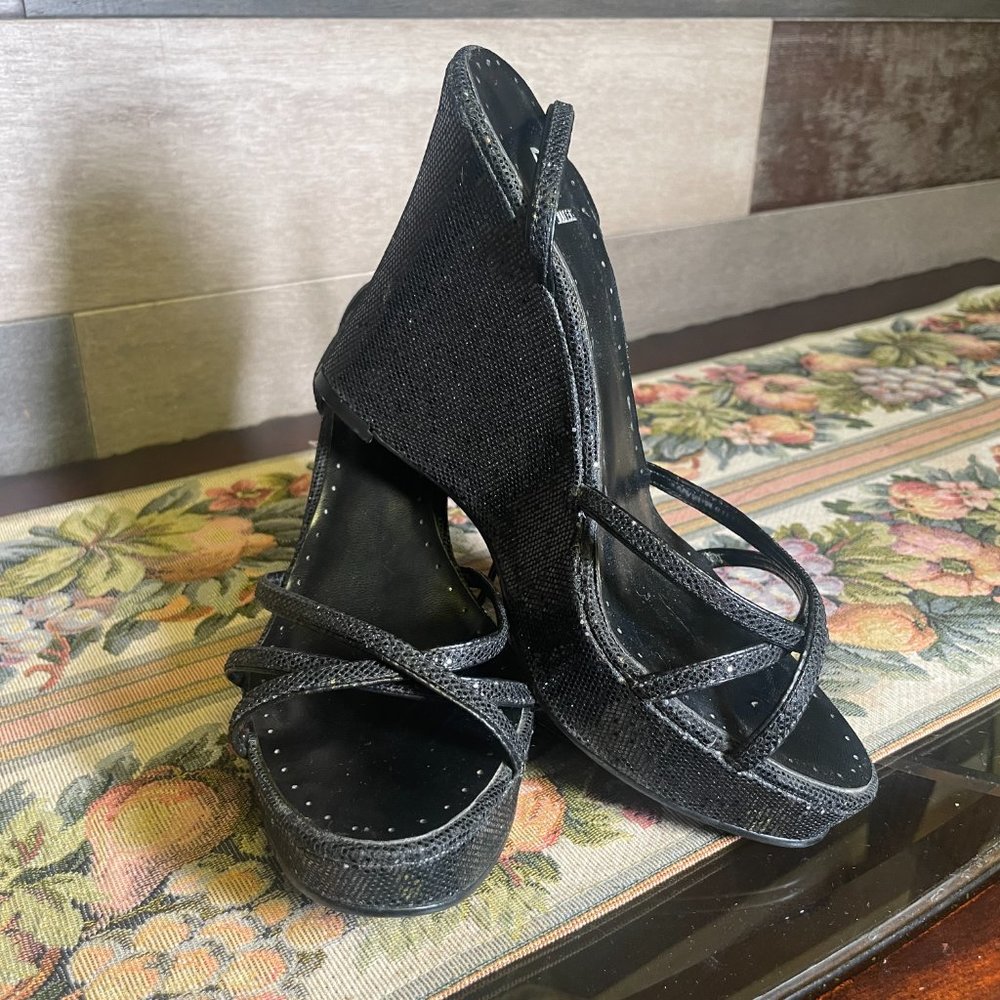 Bakers Sparkle Black Platform Wedges Ankle Straps Open Toe Shoes Size 6.5B